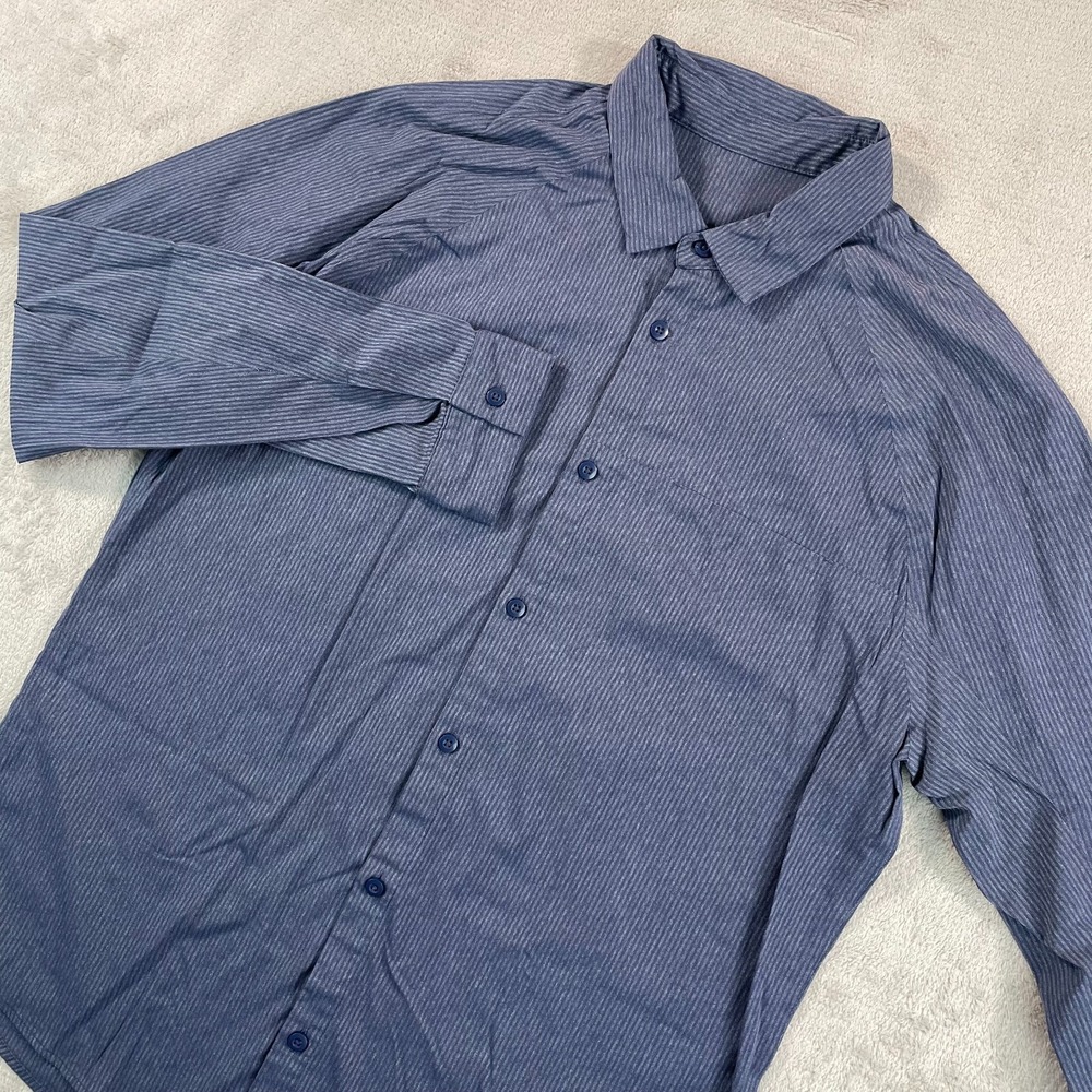 Lululemon Bonded Voyage Shirt Men‎ XL Heather Navy Striped Performance Wicking